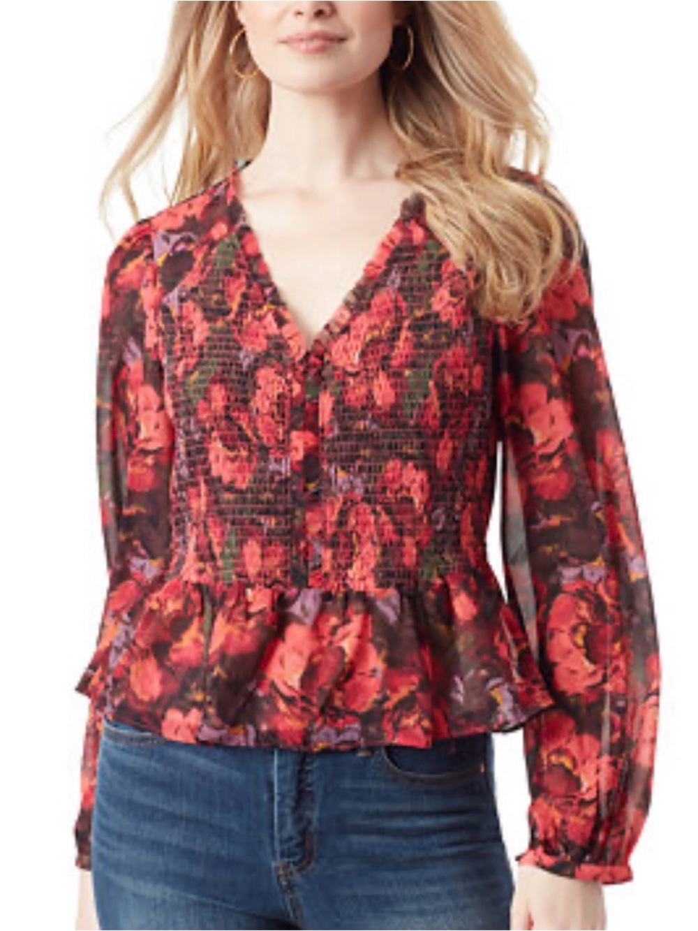 Jessica Simpson Floral Smocked Peplum Blouse Pink Purple Floral Feminine Size M